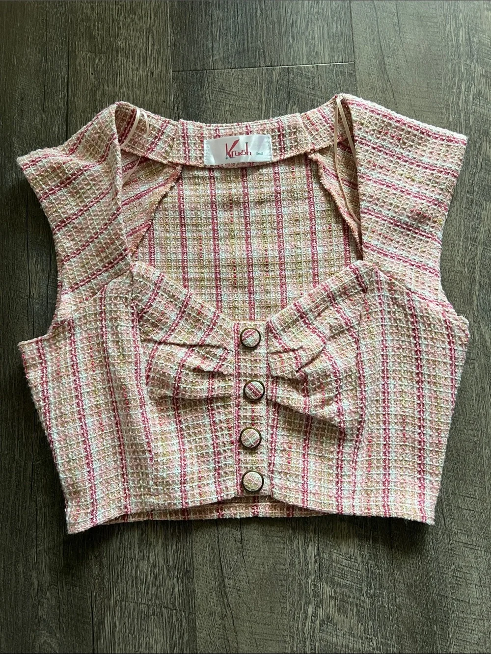 Krush Pink and Cream Tweed Bow-Accent Crop Top